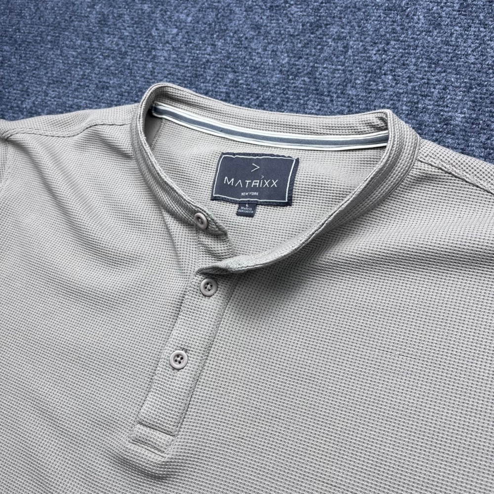 Matrixx Waffle Knit Henley Stretch Khaki Grandad Collar Long Sleeve Shirt